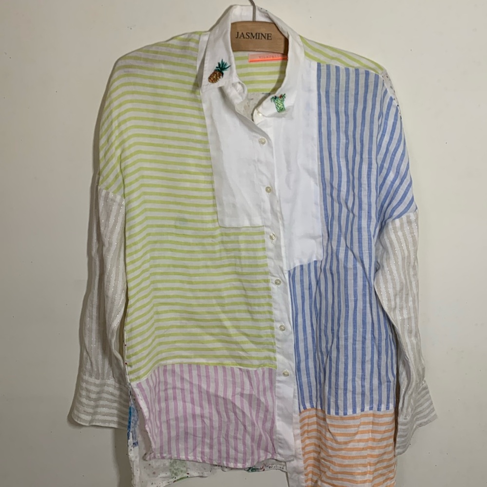 100% Linen Vilagallo Drink Martini Button Up Blouse Shirt Anthropologie